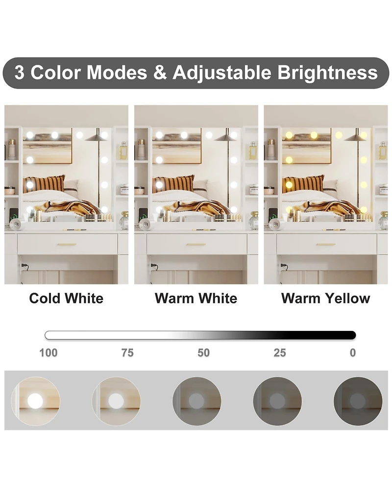 gaomon 56" Farmhouse Makeup Vanity Set with Lighted Mirror, Shelves and Charging Station