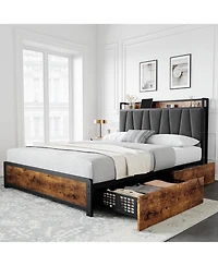 gaomon Queen Bed Frame With Storage Linen Upholstered Headboard 4 Drawers Charging Station