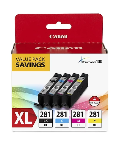 Canon Cli-281 Xl Bkcmy Combo 4-Pack of Black, Cyan, Magenta, and Yellow Ink Tanks for Pixma Inkjet Printers