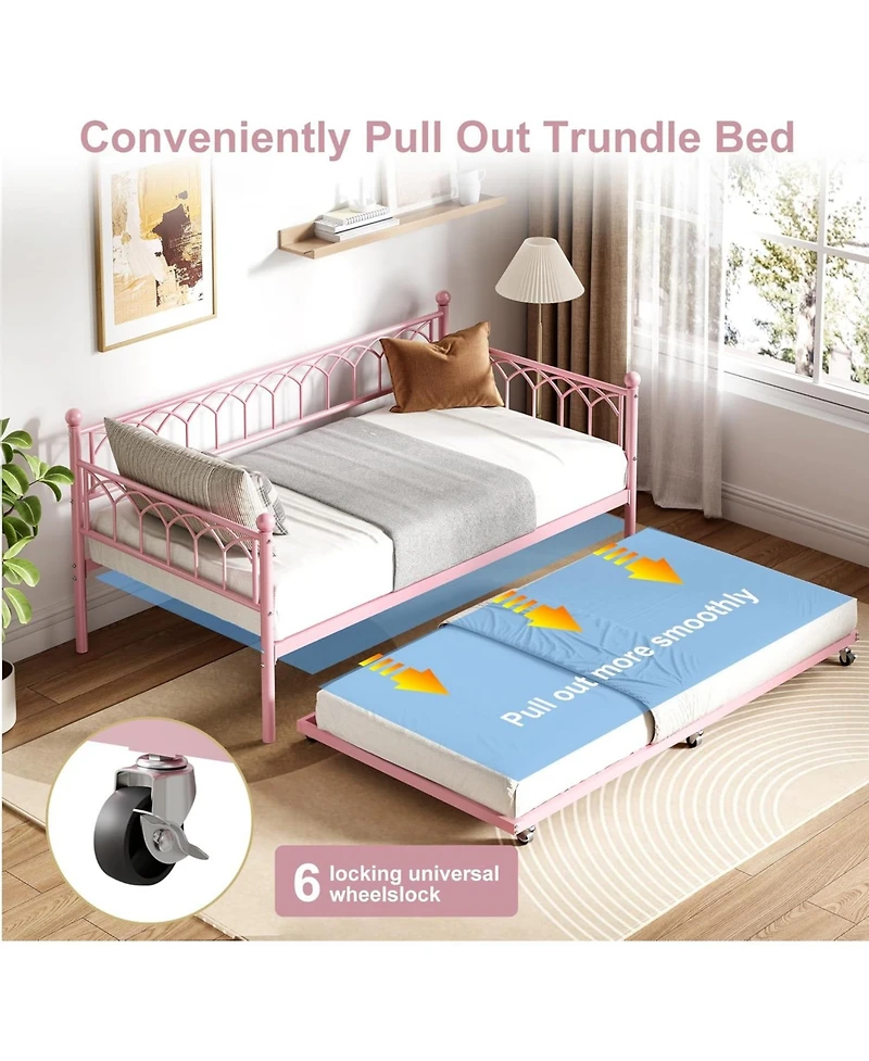 gaomon Daybed with Trundle, Metal Sofa Bed with Rgb Led Lights And Charging Station, Pull-Out Bed for Small Spaces