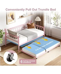 gaomon Daybed with Trundle, Metal Sofa Bed with Rgb Led Lights And Charging Station, Pull-Out Bed for Small Spaces