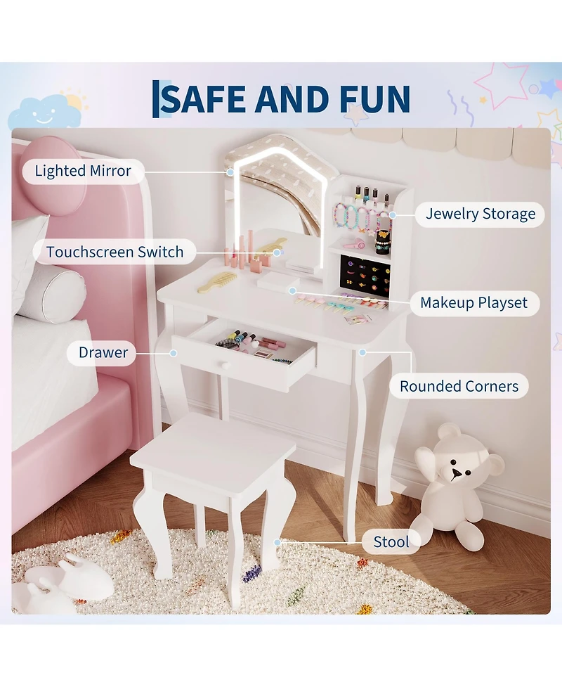 Gaomon Kids Vanity Table Set with Lighted Mirror and Stool