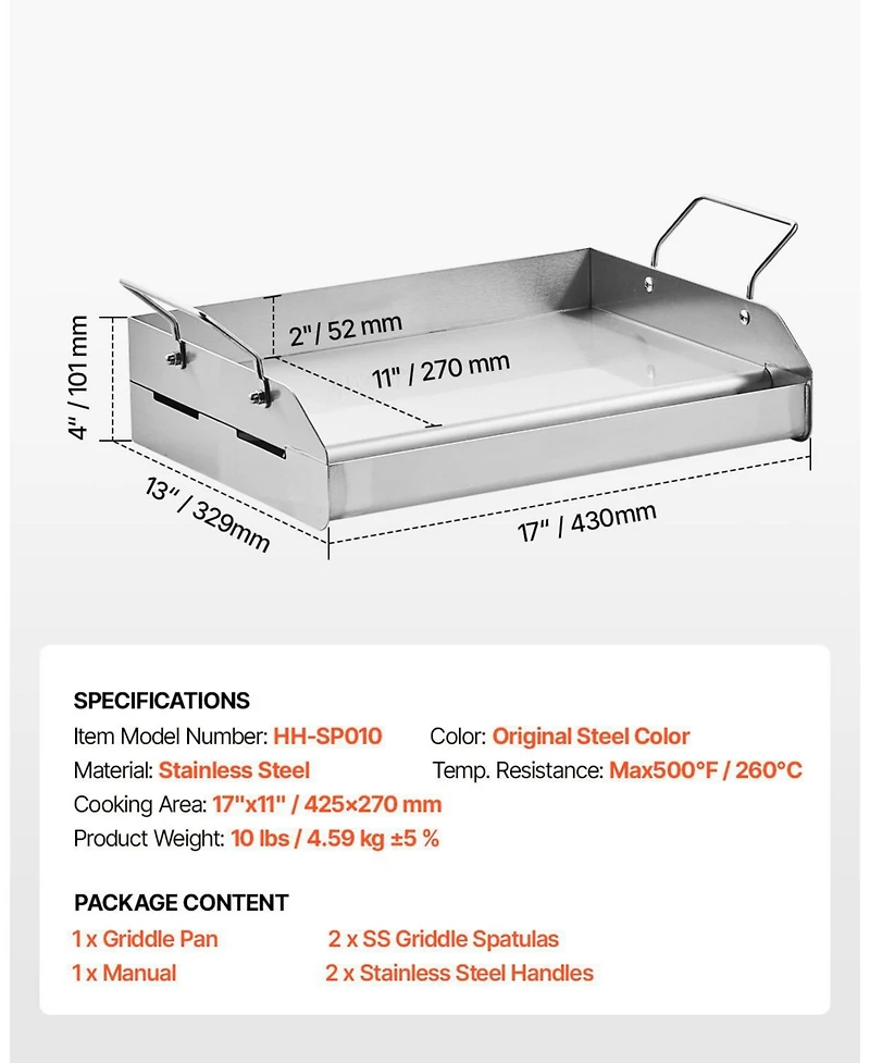Ecooso 17 x 13 Inch Stainless Steel Griddle Plate for Gas Grill with Handles