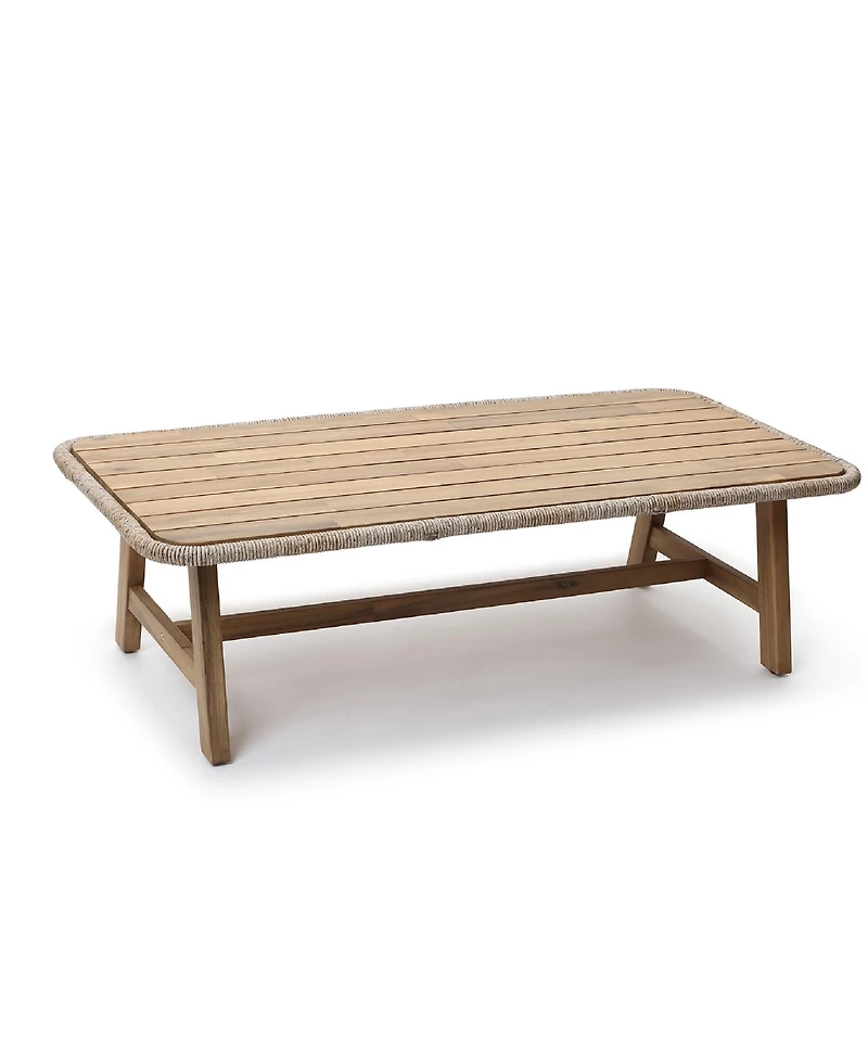 LuxenHome 47" Outdoor Coffee Table for Patio, Acacia Wood Patio Table with Woven Trim, Rectangular Outdoor Table for Patio, Balcony, and Porch