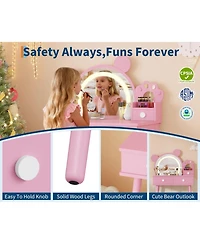 gaomon Kids Wooden Vanity Table and Chair Set with Touch Control Lighted Mirror and Drawers