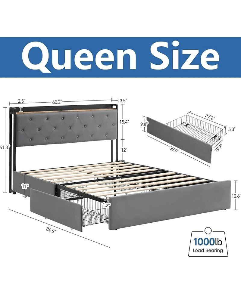 gaomon Bed Frame With Headboard and 4 Drawers Velvet Upholstered Frame With Charging Station Quiet Easy To Assemble
