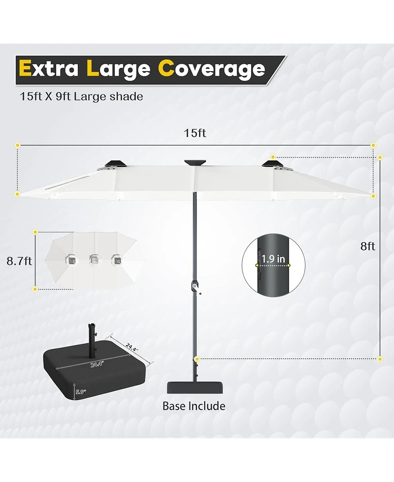 Aecojoy 15ft Double-Sided Patio Umbrella with Solar Lights Base Include Crank Handle|156 Piece Led