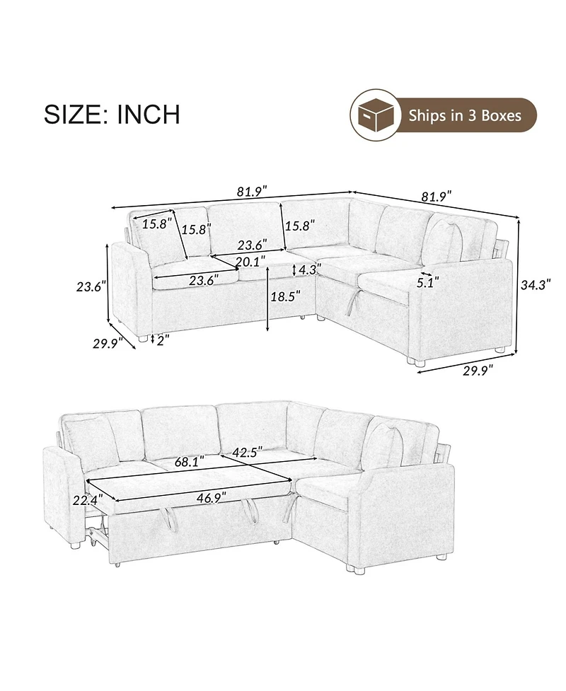 Streamdale Furniture Sectional Sofa Bed L-Shape Sleeper with Hidden Storage