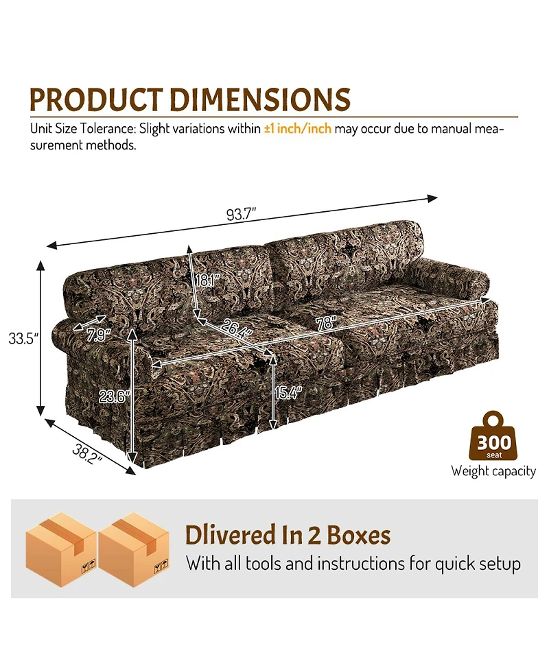 Streamdale Furniture 93.7" Oxford Fabric 4-Seater Cloud Couch with Rolled Arms & Pleated Skirt