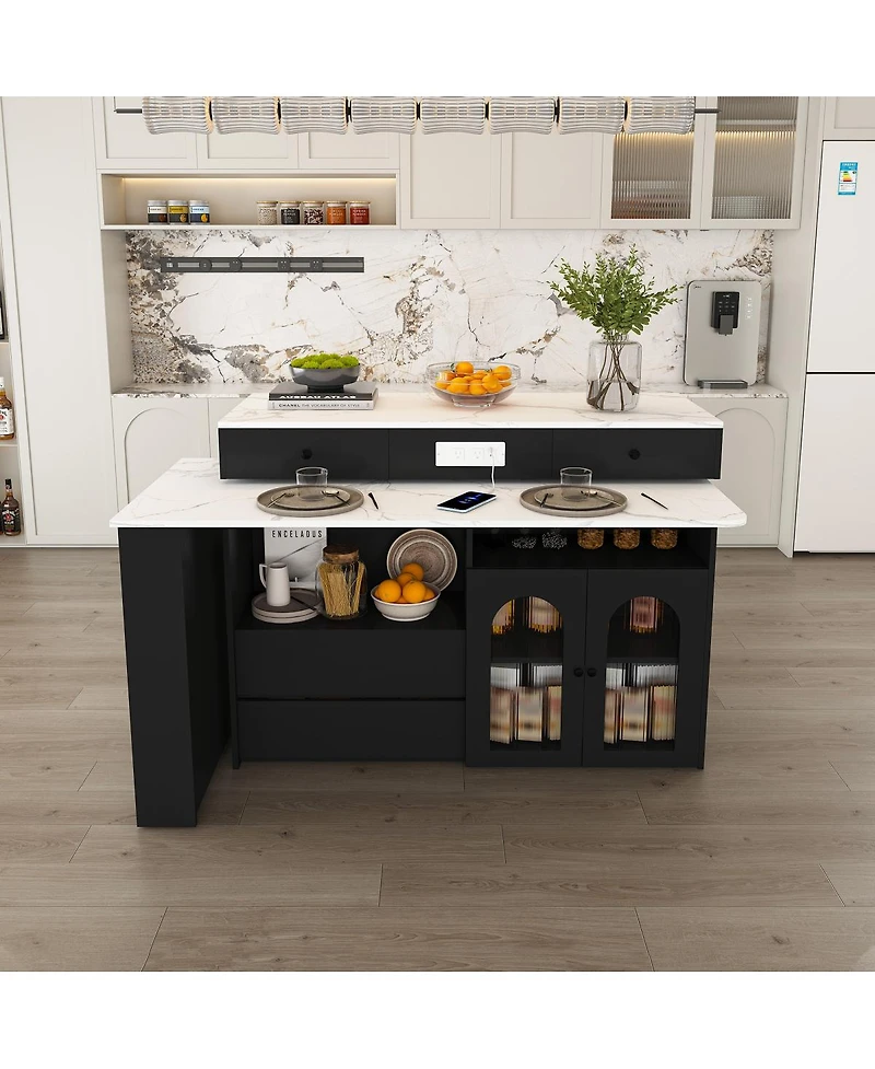 Streamdale Furniture Kitchen Island with Extendable Rotating Table, Marble Veneer, 4 Drawers & Cabinets