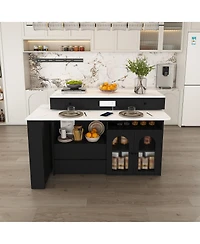 Streamdale Furniture Kitchen Island with Extendable Rotating Table, Marble Veneer, 4 Drawers & Cabinets