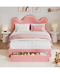 gaomon Queen Bed Frame Led Headboard Under Bed Drawer Metal Upholstered Platform Led Kids Bed Lamb Fleece Wood