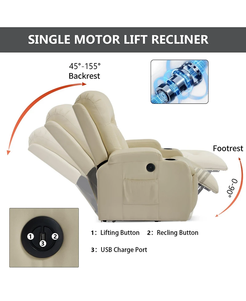 sumyeg Pu Power Lift Recliner 350LB capacity 8-point massage lumbar heat with Usb port and cup holders