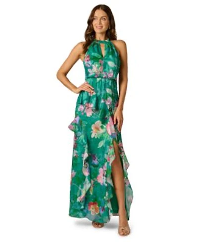 Adrianna Papell Womens Printed Halter Neck Ball Gown