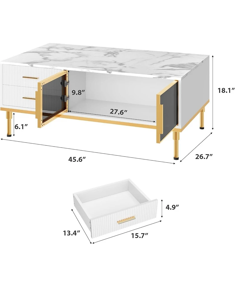 gaomon Minimalist Coffee Table with Faux Marble Top, Glass Doors and Metal Frame
