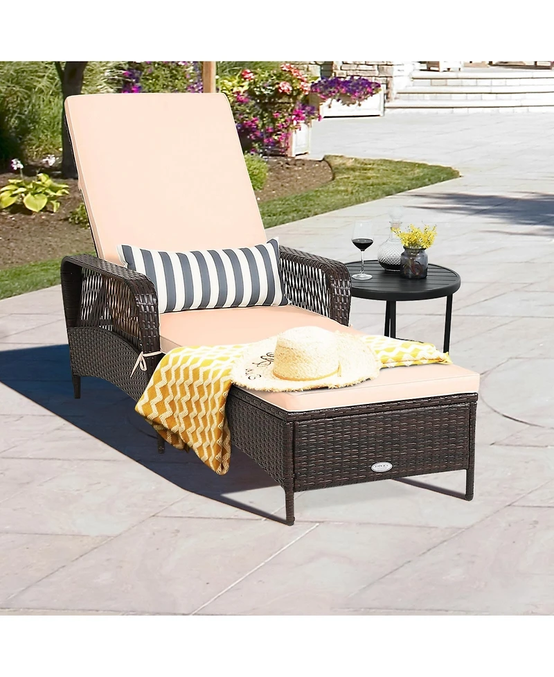 Gymax Set of 2 Pe Rattan Chaise Lounge Chair Armrest Recliner Adjustable Pillow