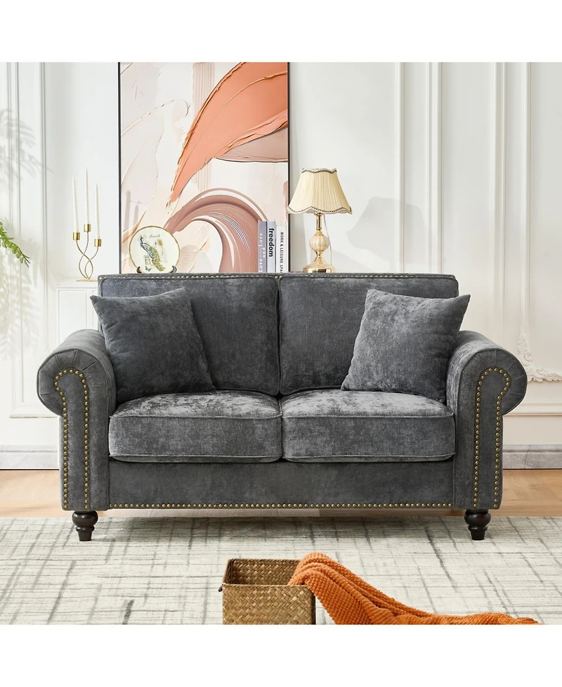 Streamdale Furniture 63" Modern 2-Seater Chenille Sofa, Rolled Arms, Nailhead Trim