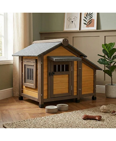 6thdruple Solid Wood Dog House with Elevated Floor, 45 Inch Waterproof Outdoor Dog House for Medium Dogs