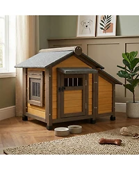 6thdruple Solid Wood Dog House with Elevated Floor, 45 Inch Waterproof Outdoor Dog House for Medium Dogs