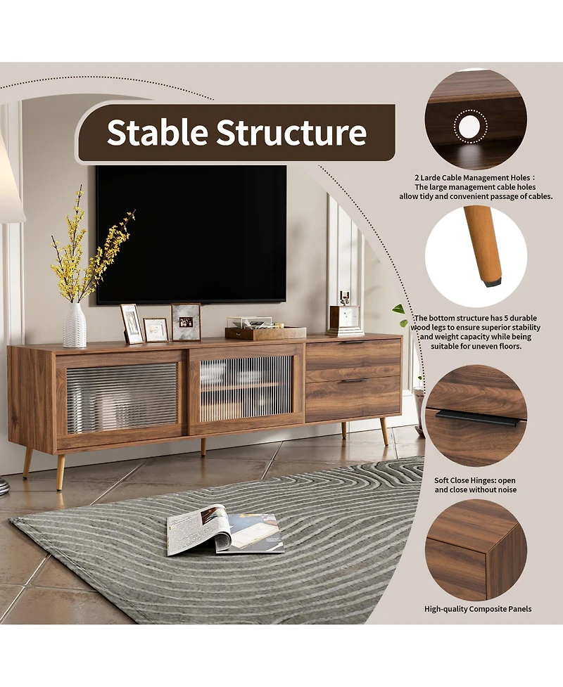 sumyeg Modern Tv Stand Console with 2 Glass Doors 2 Drawers & Storage Cabinet