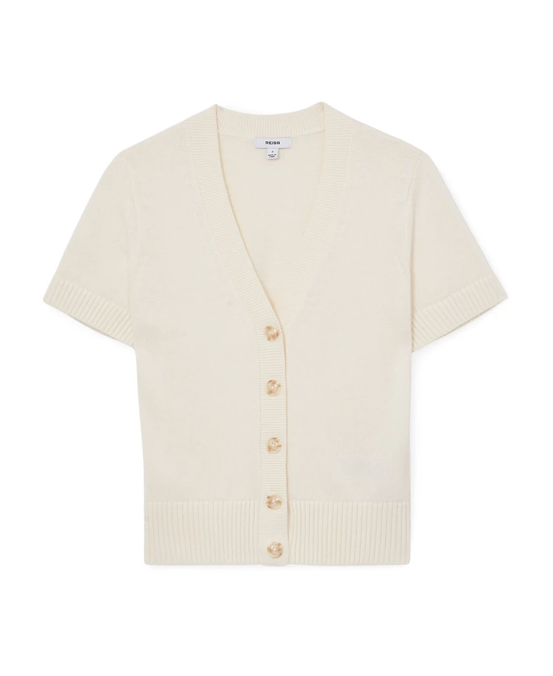 Reiss Women's V-Neck Short-Sleeve Cotton-Wool Cardigan Sweater
