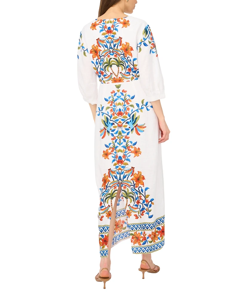 Msk Women's Arc-Sleeve Knot Front V-Neck Midi Dress