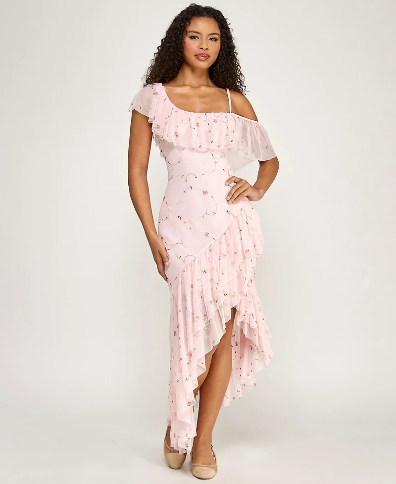 City Studios Juniors' Floral Embroidered Asymmetric Ruffle Hem Midi Dress