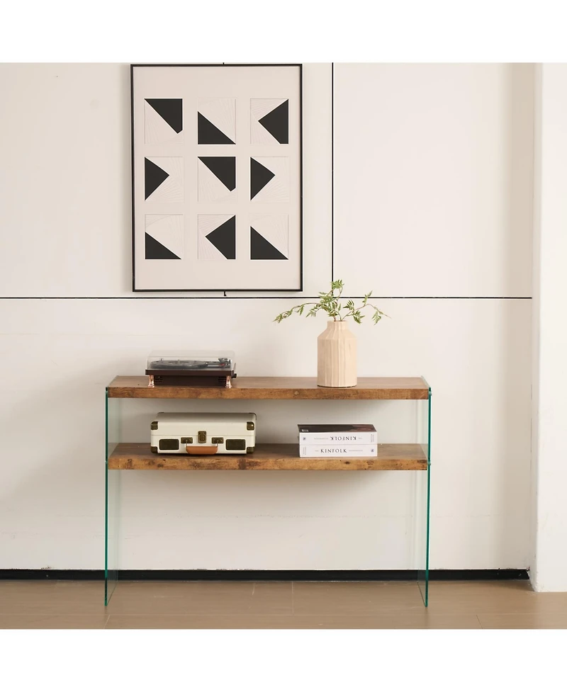 Streamdale Furniture Streamdale Mdf Console Table, Big Side Table, Walnut Tempered Glass Desk, Entry Table