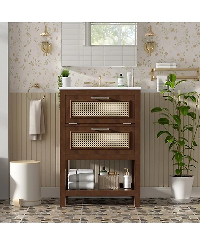 Sillysis 24 Inch Freestanding Bathroom Vanity with Ceramic Sink, Flip-Out Drawer & Modern Storage for Small Spaces