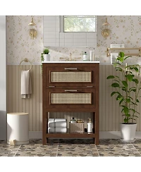 Sillysis 24 Inch Freestanding Bathroom Vanity with Ceramic Sink, Flip-Out Drawer & Modern Storage for Small Spaces