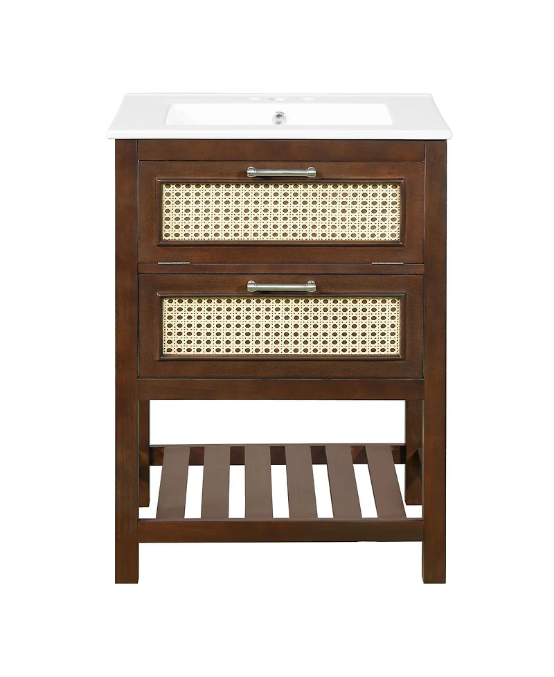 Sillysis 24 Inch Freestanding Bathroom Vanity with Ceramic Sink, Flip-Out Drawer & Modern Storage for Small Spaces