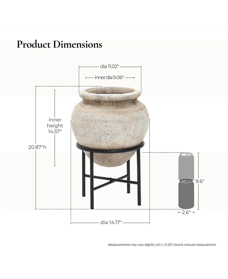 LuxenHome 21" Tall MgO Planter with Metal Stand, Rustic Pot for Indoor or Outdoor Use