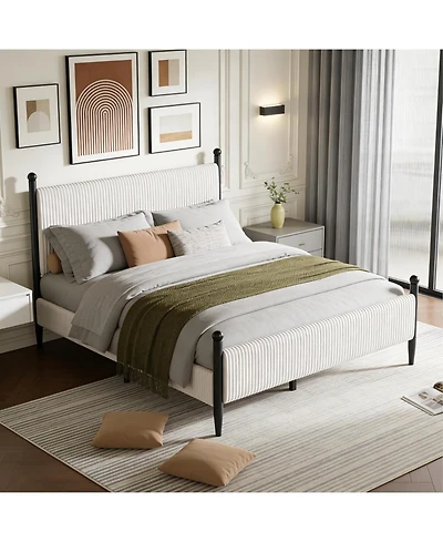 gaomon Velvet Corduroy Fabric Bed Frame, Plywood and Iron Construction, Cone-Shaped Iron Foot