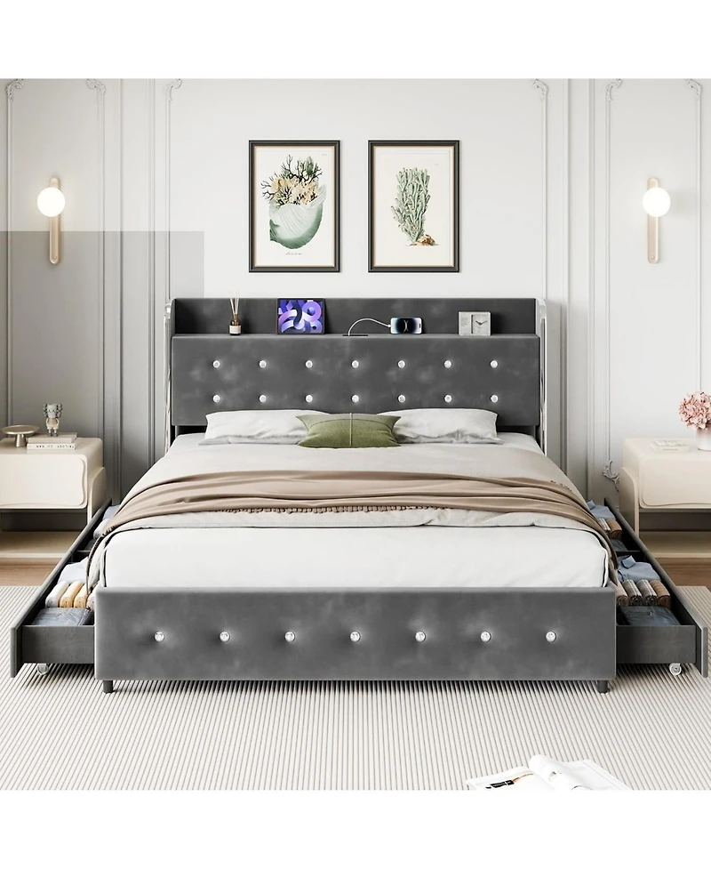 gaomon Bed Frame Upholstered Platform 4 Storage Drawers Diamond Tufted Headboard Wooden Slats No Box Spring Easy Assembly