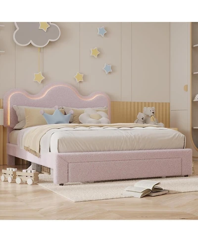 gaomon Bed Frame Sherpa Upholstered Floral Headboard Led Lights Wooden Slats No Box Spring