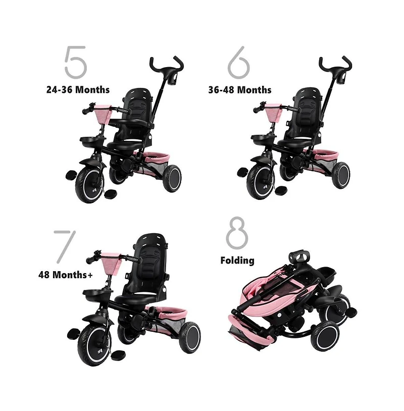 Kinder King 8-in-1 Folding Kids Tricycle Stroller with Adjustable Push Handle, Convertible Toddler