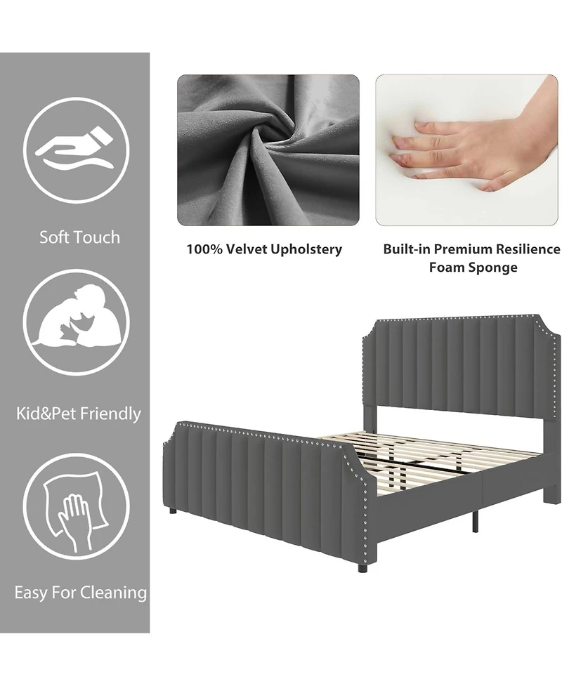 gaomon California King Velvet Upholstered Platform Bed Frame with Headboard & Footboard, Nailhead Trim, Wooden Slats, No Box Spring