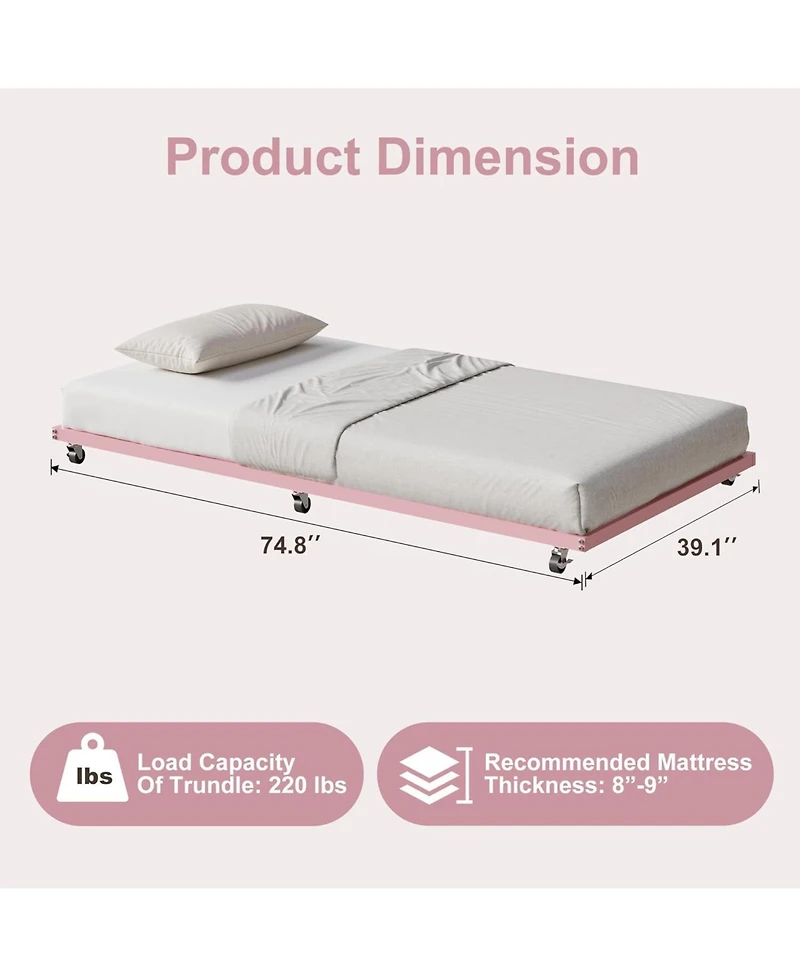 gaomon Twin Size Metal Roll-Out Trundle Bed Frame with Wheels, Steel Slat Support, Space-Saving Guest Bed Solution
