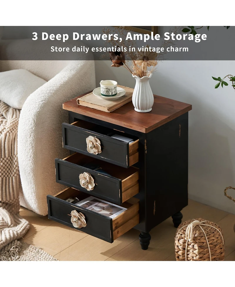 Streamdale Furniture Streamdale Vintage Farmhouse End Table - Rustic Nightstand, 3 Drawers