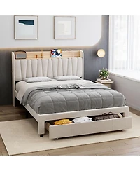 gaomon Full Bed Frame with Storage Drawer Upholstered Platform Storage Headboard Charging Station Wood Slats White