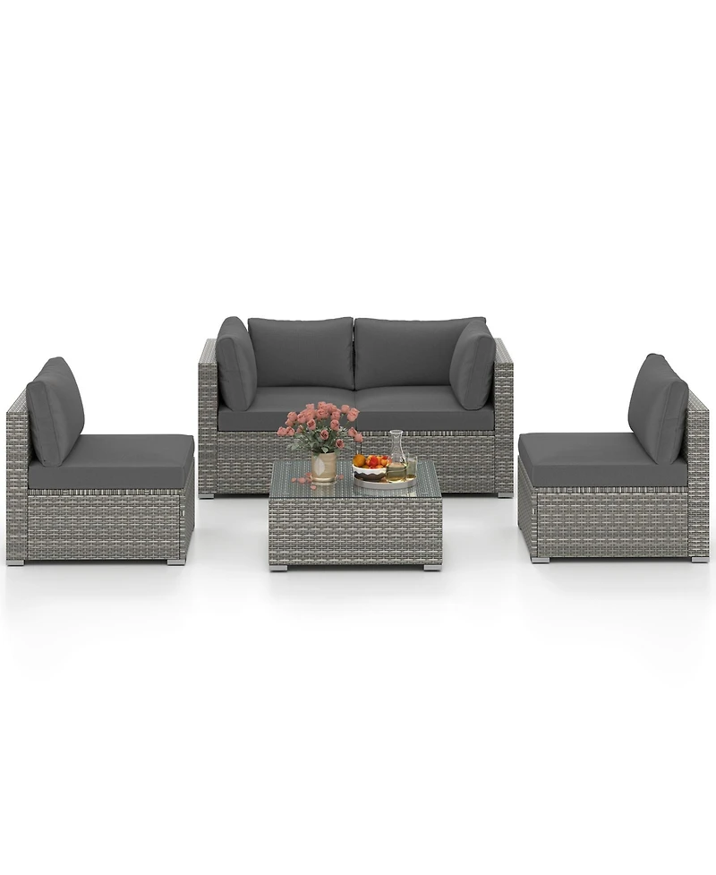 Gymax 5PCS Patio Sectional Sofa Couch Pe Rattan Conversation Set Outdoor
