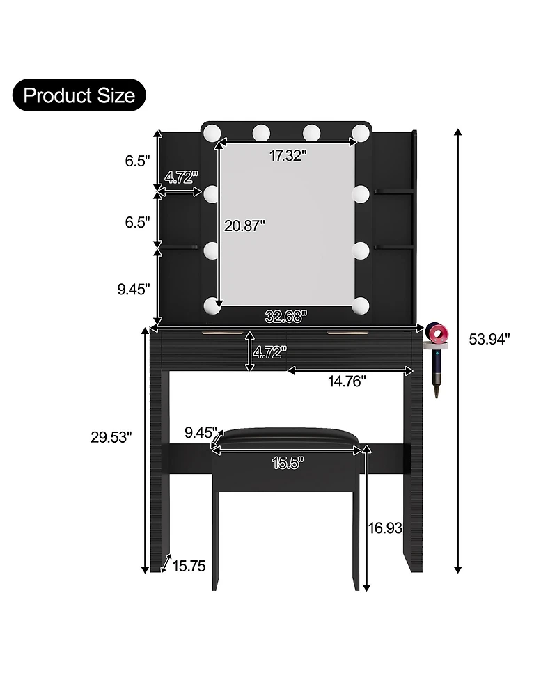 Rainsken Mirror With 10 Led Bulbs Fluted Front Feature Makeup Vanity Desk Set