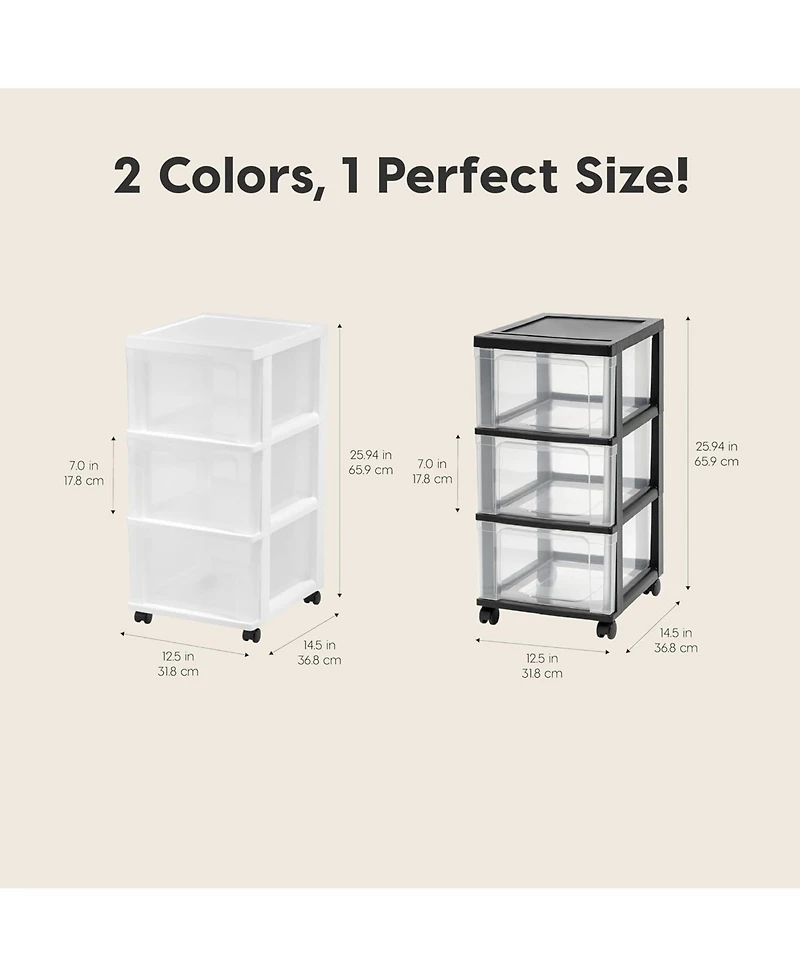 Iris Usa Plastic 3-Drawer Storage Organizer Rolling Cart with Wheels, Slim Narrow Design, 2-Pack