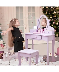 gaomon Kids Wooden Princess Vanity Set with Adjustable Mirror, Stool and Drawers