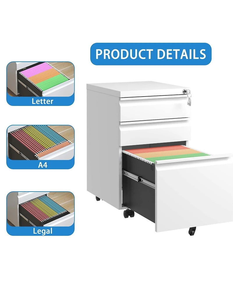 Rainsken 3 Drawer Mobile File Cabinet with Lock, Metal Filing Cabinets for Home Office Organizer, Fit A4/Letter/Legal