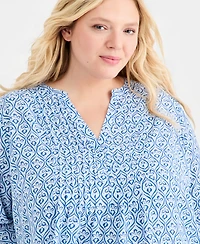 Style & Co Plus Pintucked Bell-Sleeve Printed Top, Macy's Exclusive