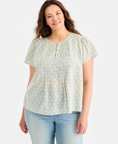 Style & Co Plus Cotton Printed Pleat-Front Top, Macy's Exclusive