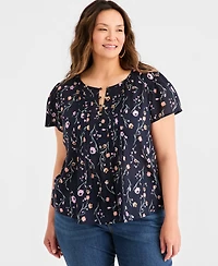 Style & Co Plus Printed Cotton Pintuck Flutter-Sleeve Top, Macy's Exclusive