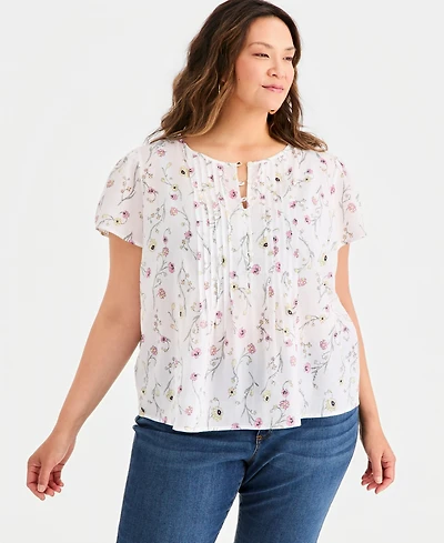 Style & Co Plus Cotton Printed Pleat-Front Top, Macy's Exclusive