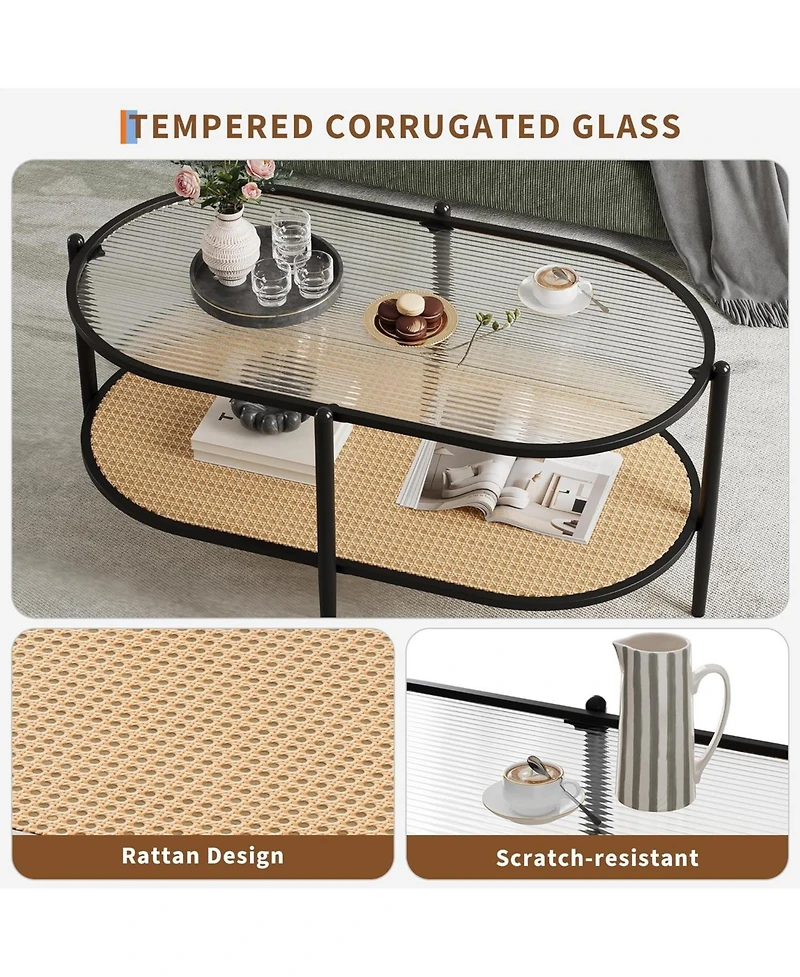 gaomon Boho Oval 2-Tier Rattan Coffee Table with Water-Wave Tempered Glass Top